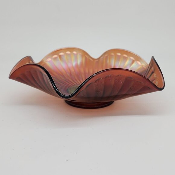 Vintage Carnival Glass Bowl Double Crimped Vertical Rays 9.5" Diameter - Picture 6 of 9